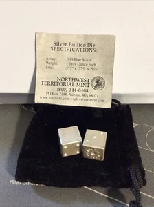 NWTM Pair of 1 oz .999 Silver Dice Rare: Total 2 Troy oz W/ COA & Original Pouch - Picture 1 of 4