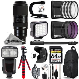 Tamron 50-400mm f/4.5-6.3 Di III VC Lens for Sony + LED Flash+ Bag -64GB Bundle