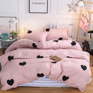 Girly Cute Heart Pattern Bedding Set Queen Size for Girls Daughter Pink Black... - Picture 1 of 8