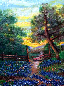 ORIGINAL Bluebonnet Landschaft Zaun Tor Kaktus Teich Bäume Sonnenuntergang Öl C Gemälde - Bild 1 von 11
