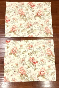 Pottery Barn Cream Floral Standard Pillow Shams Pair Pink Cabbage Roses Taupe - Picture 1 of 3