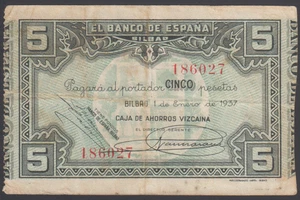Spain 5 Pesetas 01-01-1937 VF P. S561g, Banknotes, Circulated - Picture 1 of 2