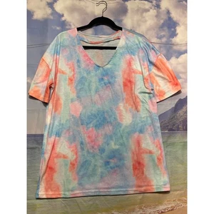Damen-T-Shirt mehrfarbig Tye-Dye V-Ausschnitt Größe Large weich kuschelig - Bild 1 von 4