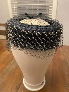 VINTAGE Ladies Black Gold Nylon Lave Skull Cap Pillbox Hat - Picture 1 of 6