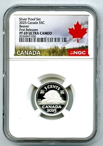 2025 CANADA 5 CENT .9999 SILVER PROOF NGC PF69 UCAM BEAVER NICKEL FIRST RELEASES - Picture 1 of 2