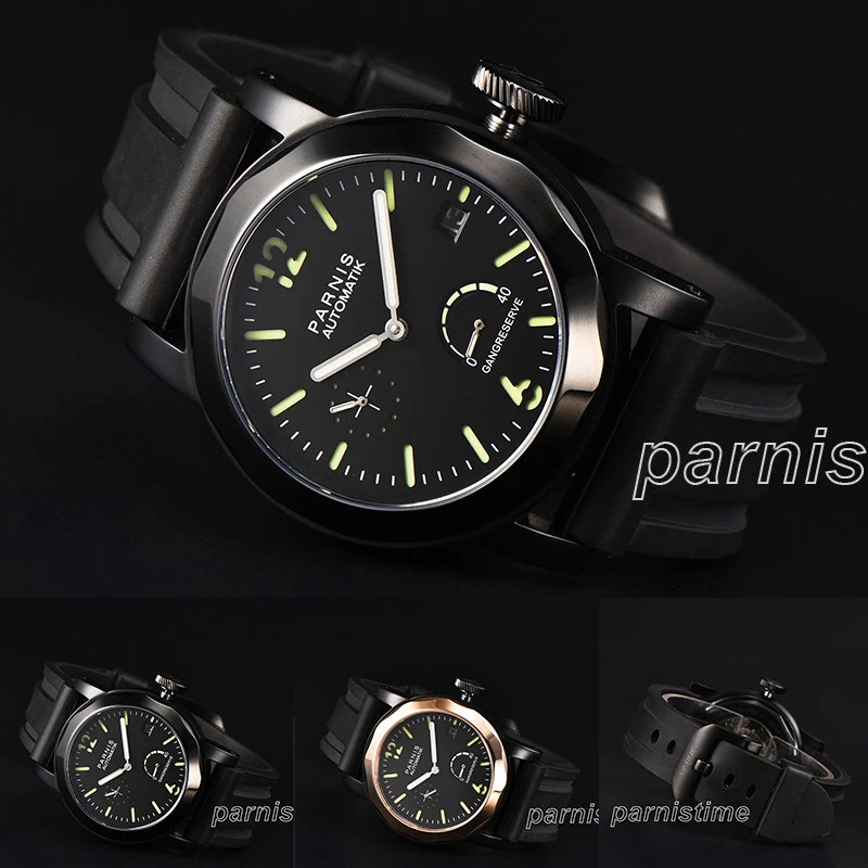 Reloj automático para hombre Parnis 44 mm cristal zafiro reserva de marcha correa de goma nuevo Foto 1 de 1