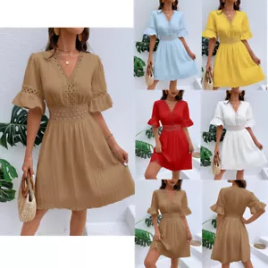 Womens V Neck Lace Dress Summer Casual Swing Hollow Out Mini Dresses - Picture 1 of 16
