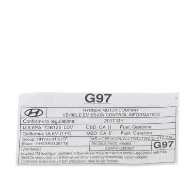 Etiqueta de información de control de emisiones Tucson 32450-2B897 OEM NUEVO HYUNDAI 2016-2017 Foto 1 de 3