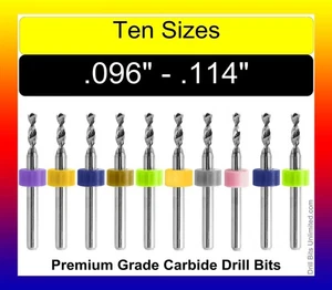 Drill Bit Set -10 Sizes From 2.45mm to 2.9mm .096 to .114" Carbide 1/8 Shanks C4 - Foto 1 di 4