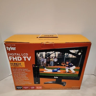 Tyler 14” Portable TV LCD 1080P Rechargeable Lithium Battery HDMI, USB, RCA, FM. - Image 1 of 4
