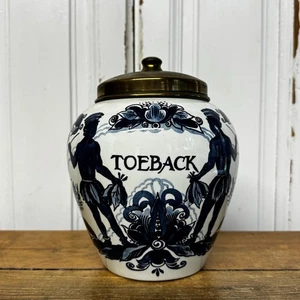 Vintage Goedewaagen Delft Blue Toeback Jar Canister Brass Lid - Picture 1 of 6