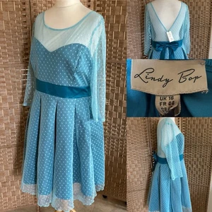BNWT LINDY BOP Aqua SEREPHINA Flouncy Net SPOT Dress UK 16 L38” ROCKABILLY 50s - Picture 1 of 18
