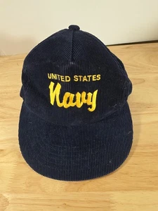 Vintage US Navy Hat Yupoong Snapback Cap Blue Corduroy USA Military One Size - Picture 1 of 7