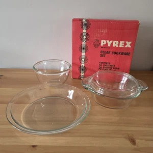 Vintage Pyrex Clear x 3 Cookware Set, Casserole, Pudding Basin & Pie Plate - Picture 1 of 9
