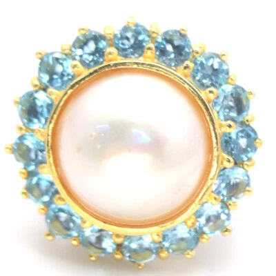 Piedra preciosa 15 mm. Anillo Joyería Perla Rosa Cremoso y Topacio Plata 925 Talla 7.5 Foto 1 de 4