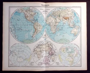 WORLD IN HEMISPHERES, HEIGHT & DEPTH, original antique map, Stieler, 1891 - Picture 1 of 4
