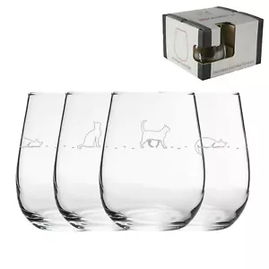 Engraved Cat Pattern Set of 4 Gaia Stemless Wine 12oz Glasses - Picture 1 of 6