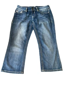 VIGOSS Women Denim Bootcut Capri Mid Rise Flap Pockets Blue Faded Jeans Size 9 - Picture 1 of 9
