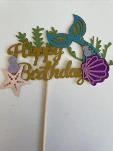 happy birthday Mermaid tail Cake Topper Decoration Glitter Sea Shell Dolphin - Picture 1 of 2
