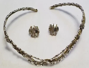 Two Tone Sterling Silver Choker Cuff Necklace and Pierced Earrings Set, Signed - Picture 1 of 20