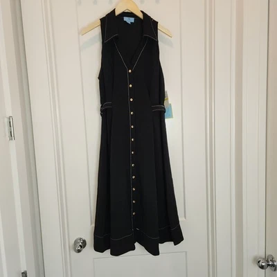 60s Mod Y2K Preppy Black & White Contrast Stitch Button Down Midi Dress NWT Flaw - Image 1 of 4