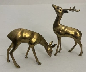 2 Vintage massives Messing Hirsch Set Bock & Reh 8”/4,75” große Figur Deko schwer MCM Korea - Bild 1 von 16