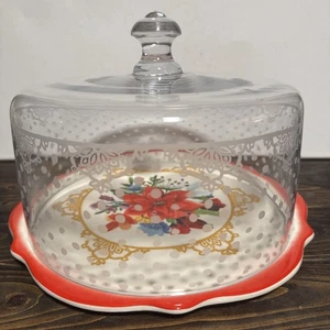Pioneer Woman Winter Bouquet Holiday Cake Plate Polka Dot GLASS DOME - Picture 1 of 4