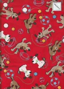 Half Yard FLANNEL Playful Brown & White DOGS on Deep Red  BTHY  100% Cotton - Picture 1 of 2