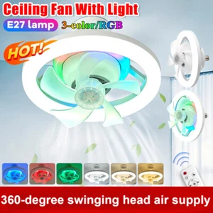 360° Rotating Ceiling Fan Light E27 RGB LED Lamp 3Color Dimmable Remote Control - Picture 1 of 22
