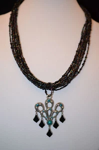 Deco Inspired Necklace and Earrings Black and Turquoise and Pewter - Picture 1 of 4
