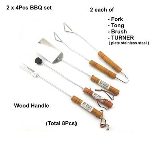 2x4P BBQ TOOL SET WOOD HANDLE FORK BRUSH TONGS, TURNER 400MM stainless steel - Picture 1 of 8