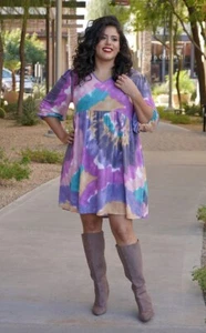 New PLUS SIZE Womens SOFT MULTI COLORED PURPLE TIE DYE TUNIC DRESS 1X 2X 3X - Picture 1 of 5