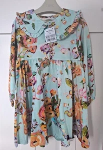 NEXT Girls Blue Floral Long Sleeve Tea Dress Age 3-4 NEW Frill Pleated Toddler - Picture 1 of 5
