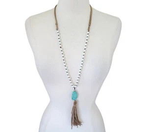 YOU & I Beaded faux pearl & leather tassel pendant necklace - Picture 1 of 4