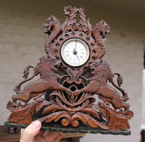Antique rare black forest wood carved clock lions dragons Cover