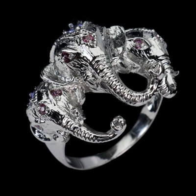 Anillo de plata de ley 925 redondo tanzanita rodolita piedras preciosas elefante joyería 9 Foto 1 de 4