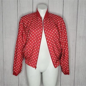 Vintage 90s Red & White Polka Dot Bomber Zip Up Jacket, sz Large - Picture 1 of 6