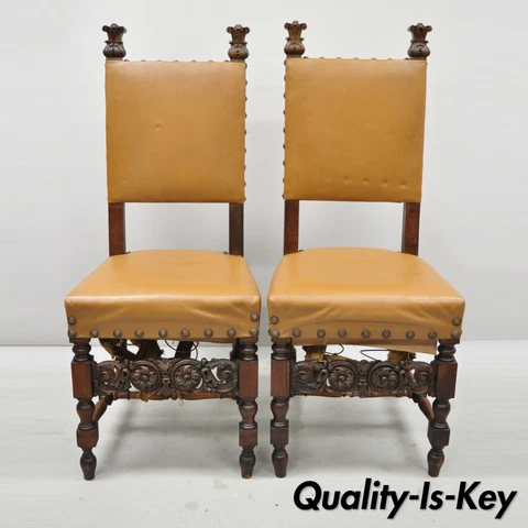 Pair Antique 19th C. Italian Renaissance Carved Walnut High Back Side Chairs Cover