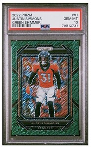 2022 Panini Prizm Justin Simmons #91 Green Shimmer #/5 Broncos PSA 10