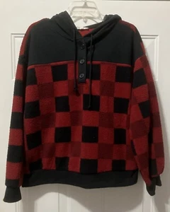 Women’s Como Vintage Hoodie Size Large Red & Black Plaid Fleece Pullover NWT - Picture 1 of 6