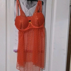 Spree Orange Mesh Polka Dot Lace Babydoll Nightie Lingerie Set Underwire Large - Picture 1 of 6