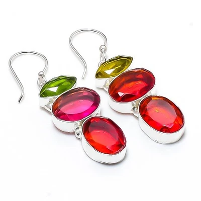 Bi-Color Tourmaline, Peridot Gemstone 925 Sterling Silver Jewelry Earring 1.97 " - Image 1 of 4