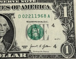 February 21 1968 True Birthday Note Fancy Serial Number One Dollar Bill 02211968 - Picture 1 of 3