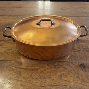 Olla ovalada francesa vintage utensilios de cocina de cobre hechos en Francia mango de latón pesado - Imagen 1 de 4