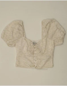 TOPSHOP Womens Crop Blouse Top UK 8 Small Off White Nylon BJ14 - Picture 1 of 3