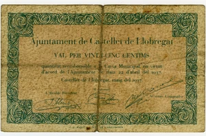 ☆ SPAIN CIVIL WAR 1937 • CASTELLET LLOBR. 25c MUN ☆ GUERRA CIVIL ESPAÑOLA ☆C5018 - Picture 1 of 2