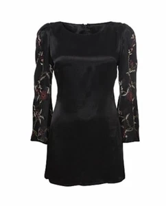 KATE MOSS EMBROIDERED TOPSHOP VTG BLACK MINI DRESS BELL SLEEVE SILKY SHIFT 8 36 - Picture 1 of 5