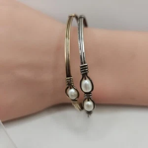 Sterling Silver 925 Pearl & Copper Set Bracelet Handmade Cuff Sz 7.5" - Picture 1 of 10