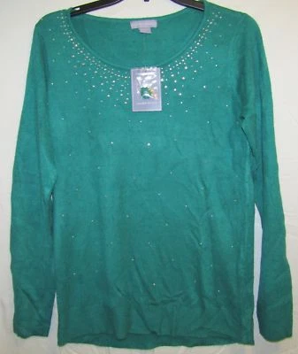 NEW LAURA SCOTT WOMENS GREEN SCATTERED BEADS HOLIDAY SWEATER S - Image 1 of 2