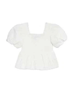 AQUA Eyelet Smocked Puff Sleeve Top Girls' XL (14-16) White Square Neck Pullover - Picture 1 of 15